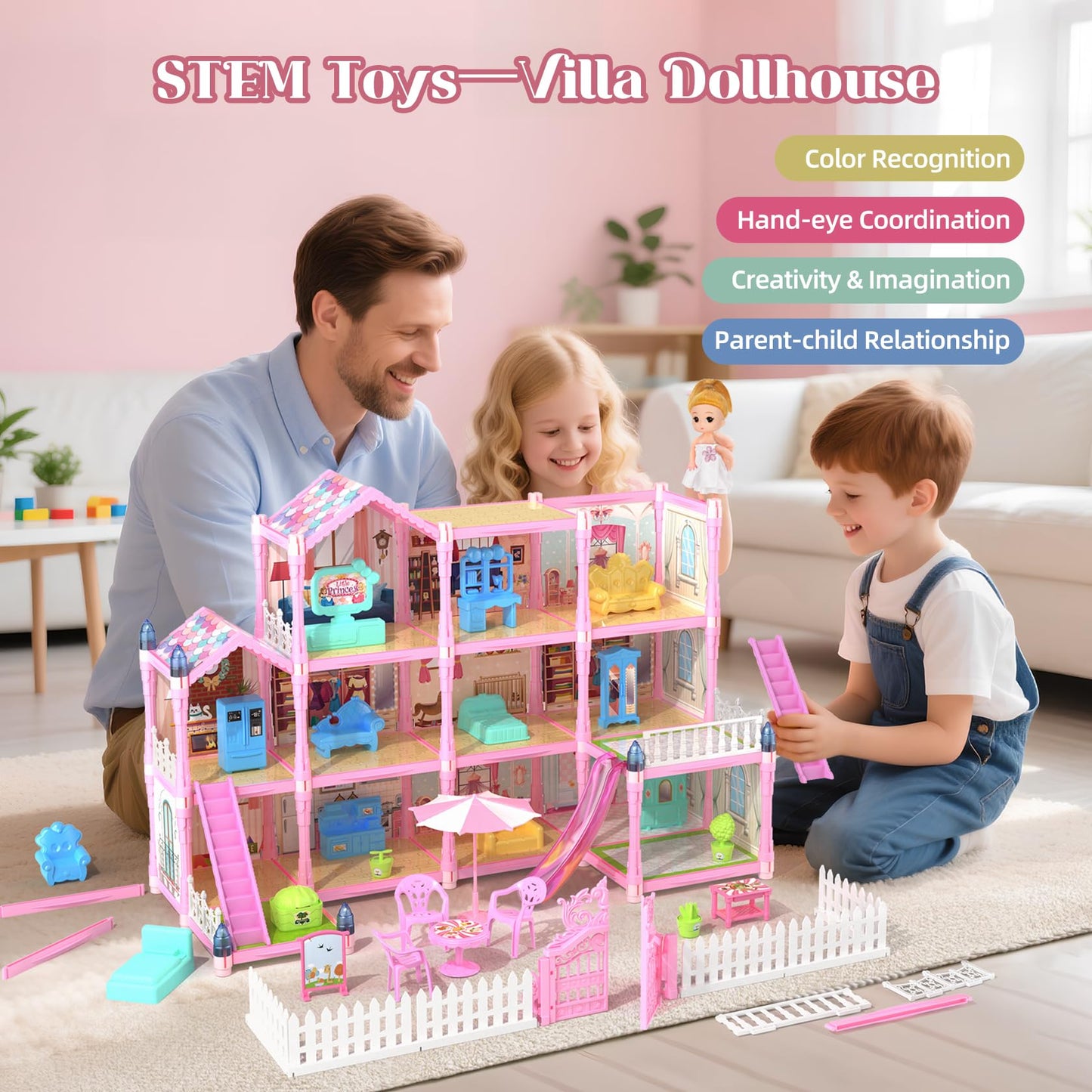Randhar Doll House with Lights – 4 Floors, 13 Rooms, 3 Dolls, 7 Furniture Sets | Gift for 3–8+ Girls