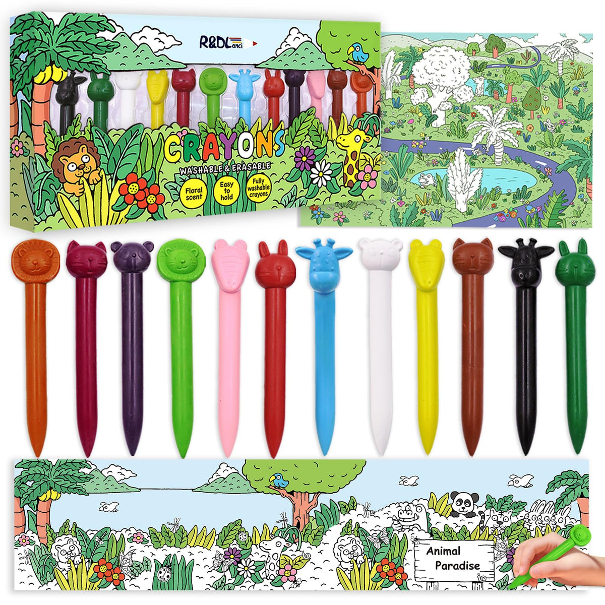 R&DLanci Animal Crayons for Toddlers – 11-Color Washable Set with Eraser & Drawing Paper