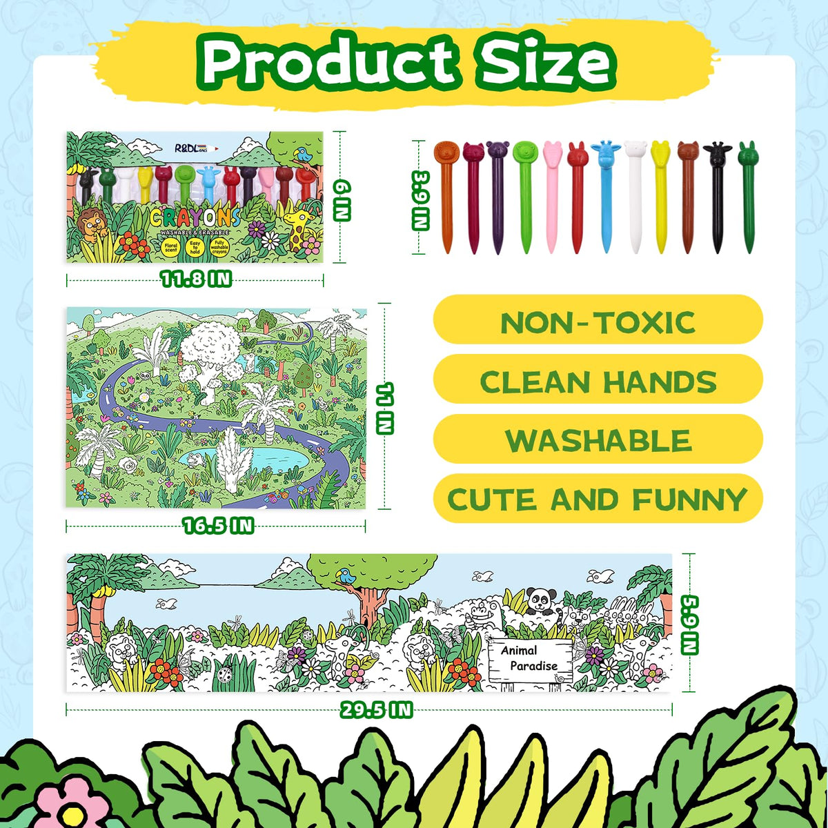 R&DLanci Animal Crayons for Toddlers – 11-Color Washable Set with Eraser & Drawing Paper