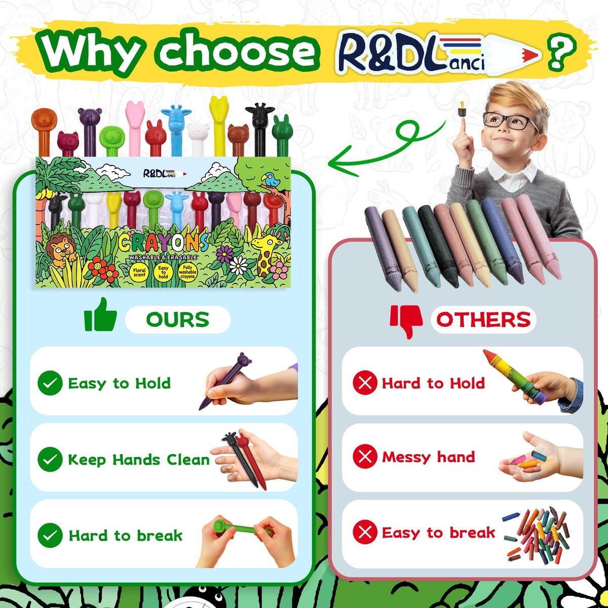 R&DLanci Animal Crayons for Toddlers – 11-Color Washable Set with Eraser & Drawing Paper
