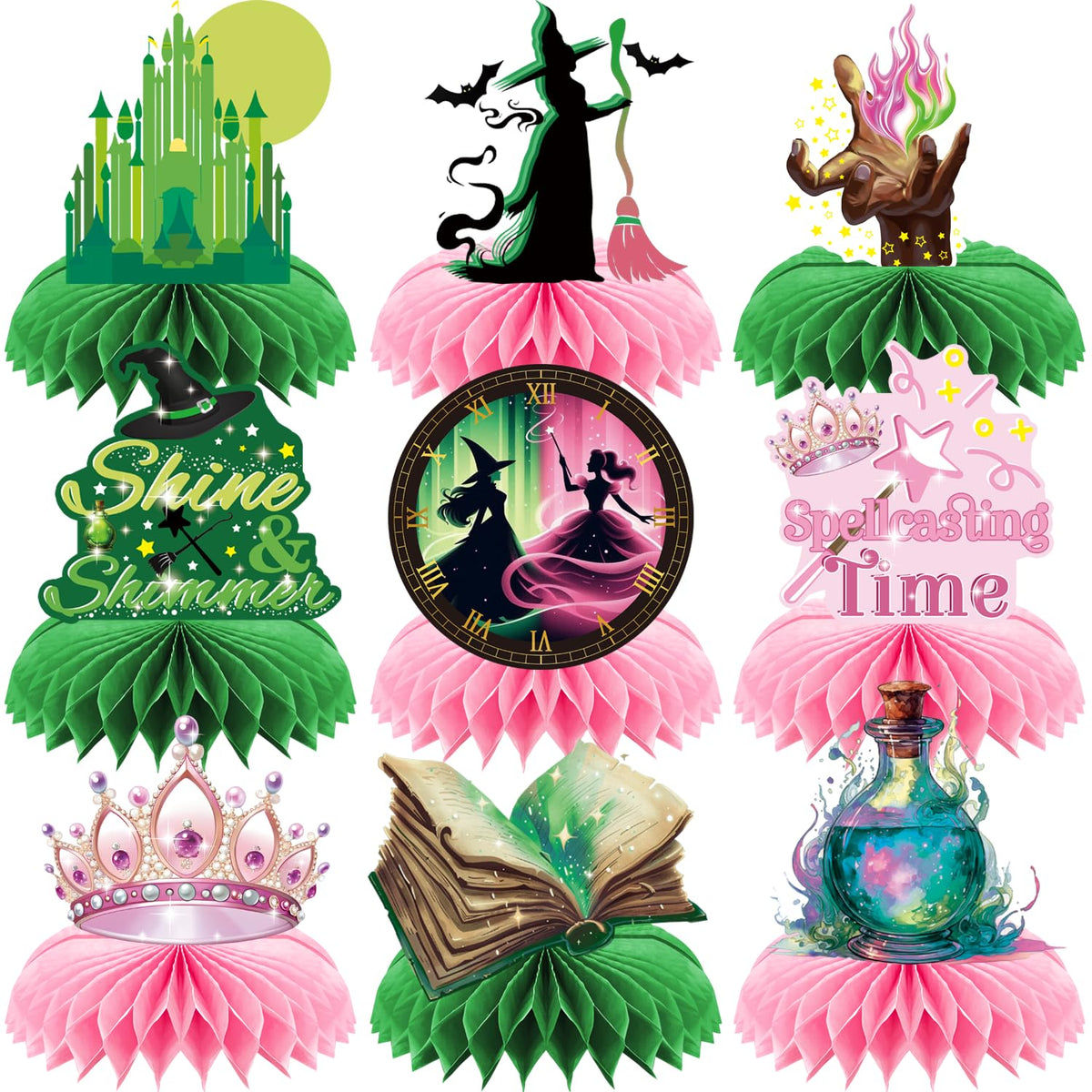 RANERVZ 9pcs Witch Table Centerpieces - Pink & Green Honeycomb Party Decor for Girl Birthday