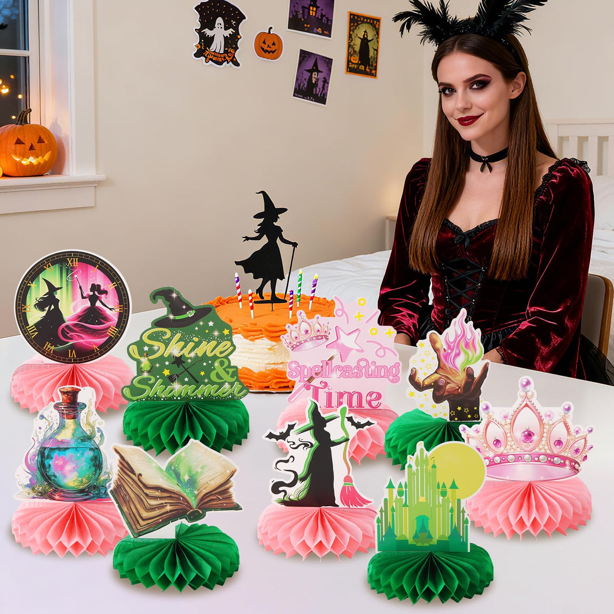 RANERVZ 9pcs Witch Table Centerpieces - Pink & Green Honeycomb Party Decor for Girl Birthday
