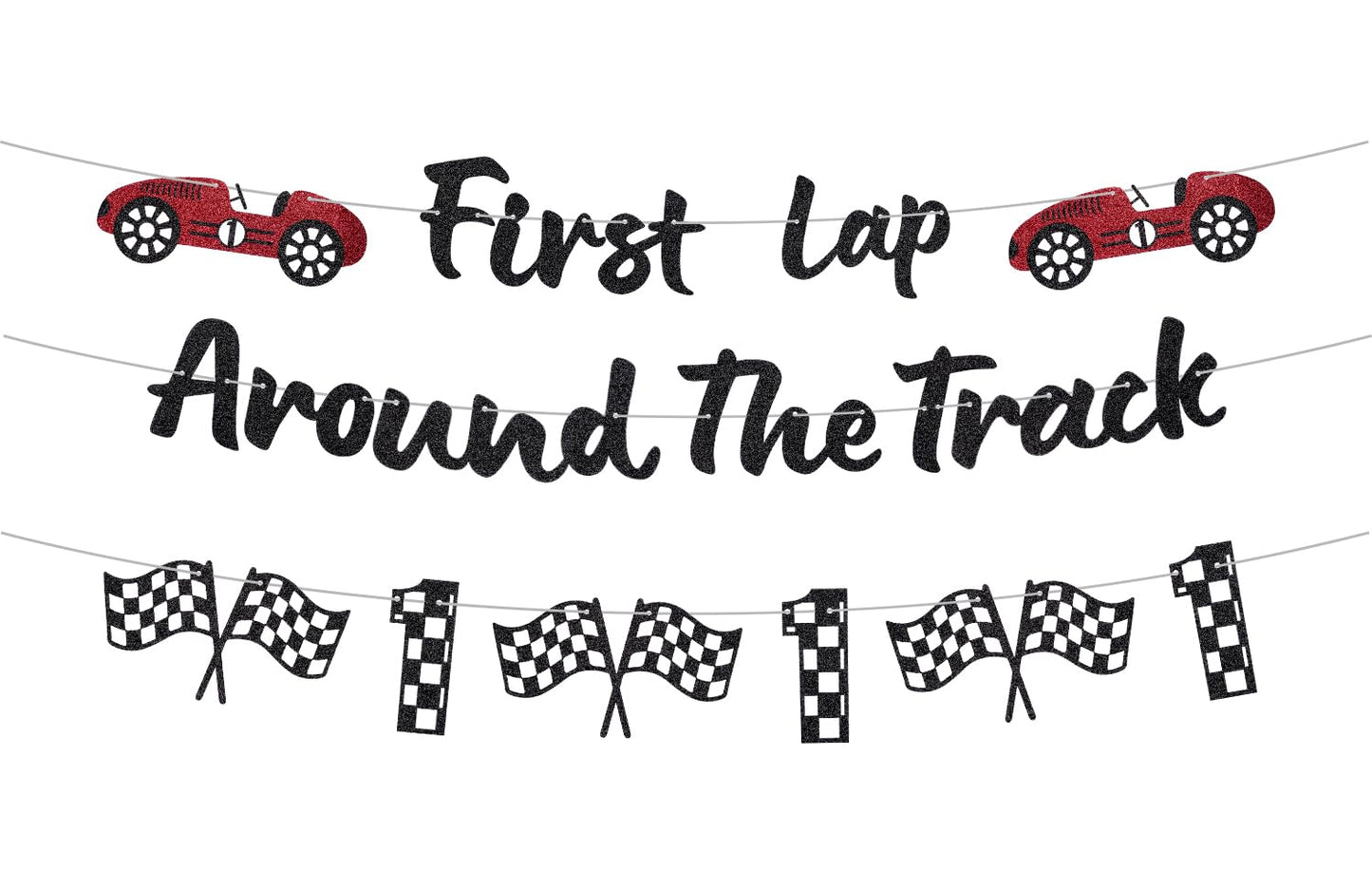 RANERVZ Glitter First Lap Around The Track Banner – Black Red Race Car Birthday Backdrop