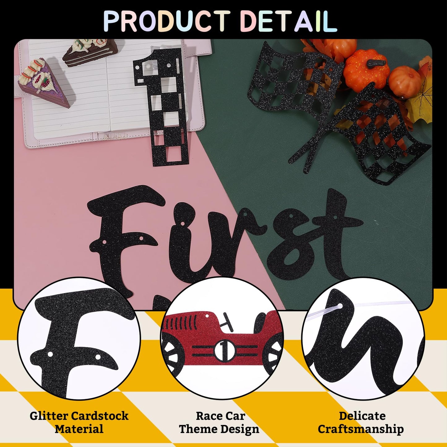 RANERVZ Glitter First Lap Around The Track Banner – Black Red Race Car Birthday Backdrop