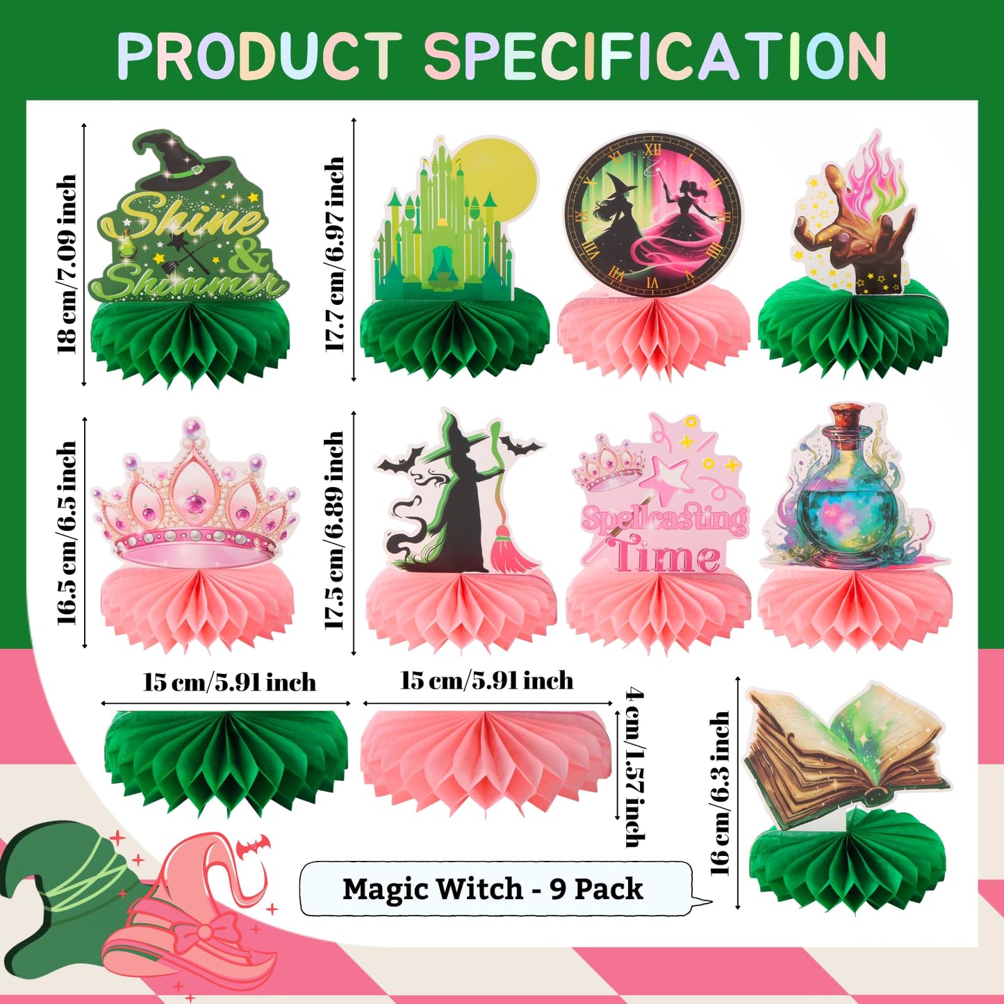 RANERVZ 9pcs Witch Table Centerpieces - Pink & Green Honeycomb Party Decor for Girl Birthday