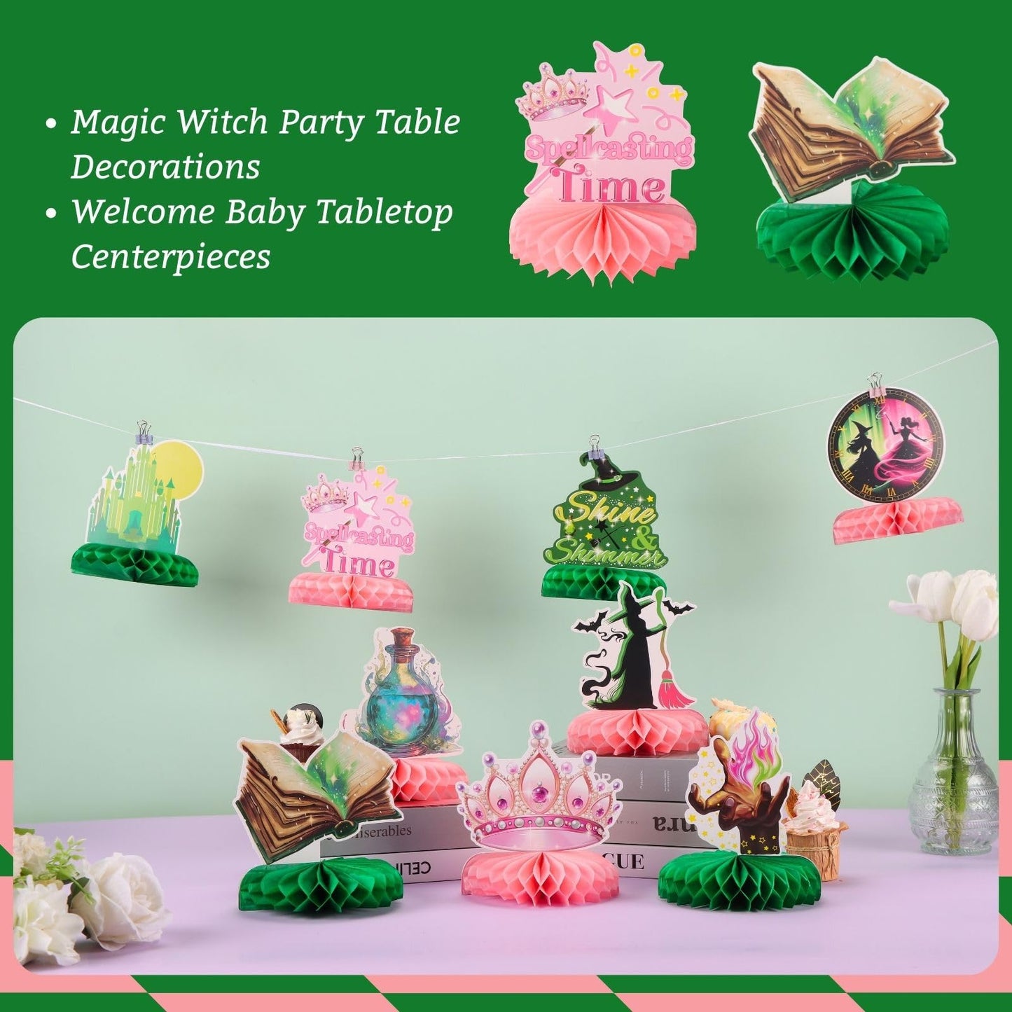 RANERVZ 9pcs Witch Table Centerpieces - Pink & Green Honeycomb Party Decor for Girl Birthday