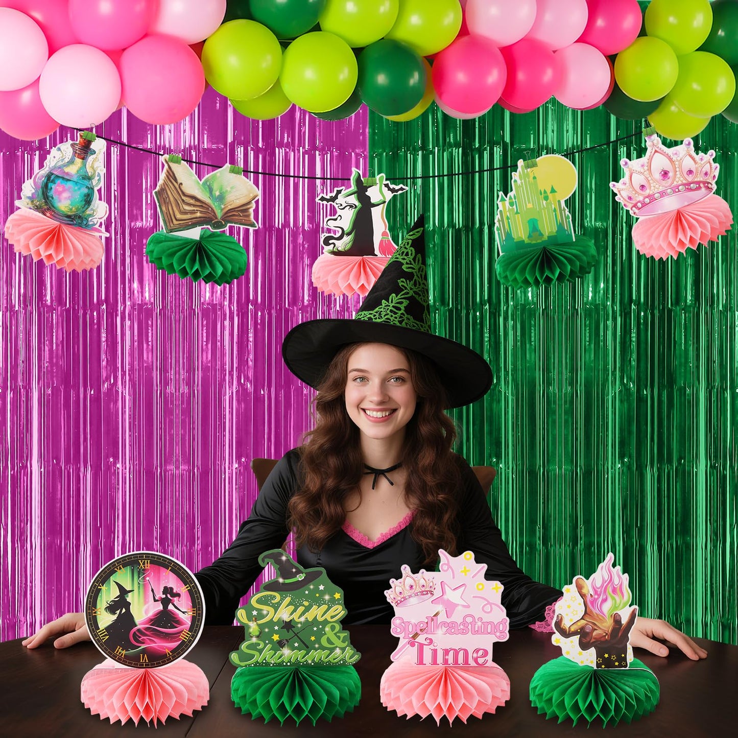 RANERVZ 9pcs Witch Table Centerpieces - Pink & Green Honeycomb Party Decor for Girl Birthday