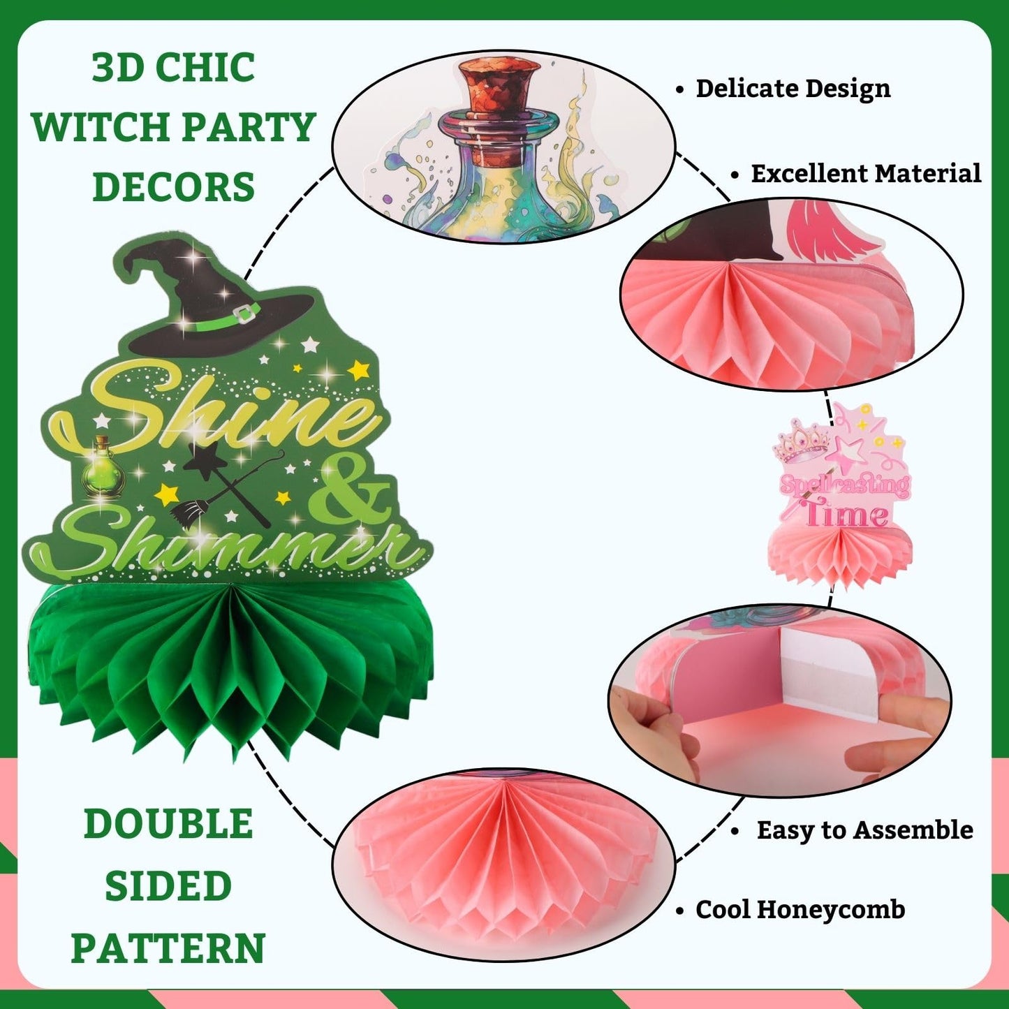 RANERVZ 9pcs Witch Table Centerpieces - Pink & Green Honeycomb Party Decor for Girl Birthday