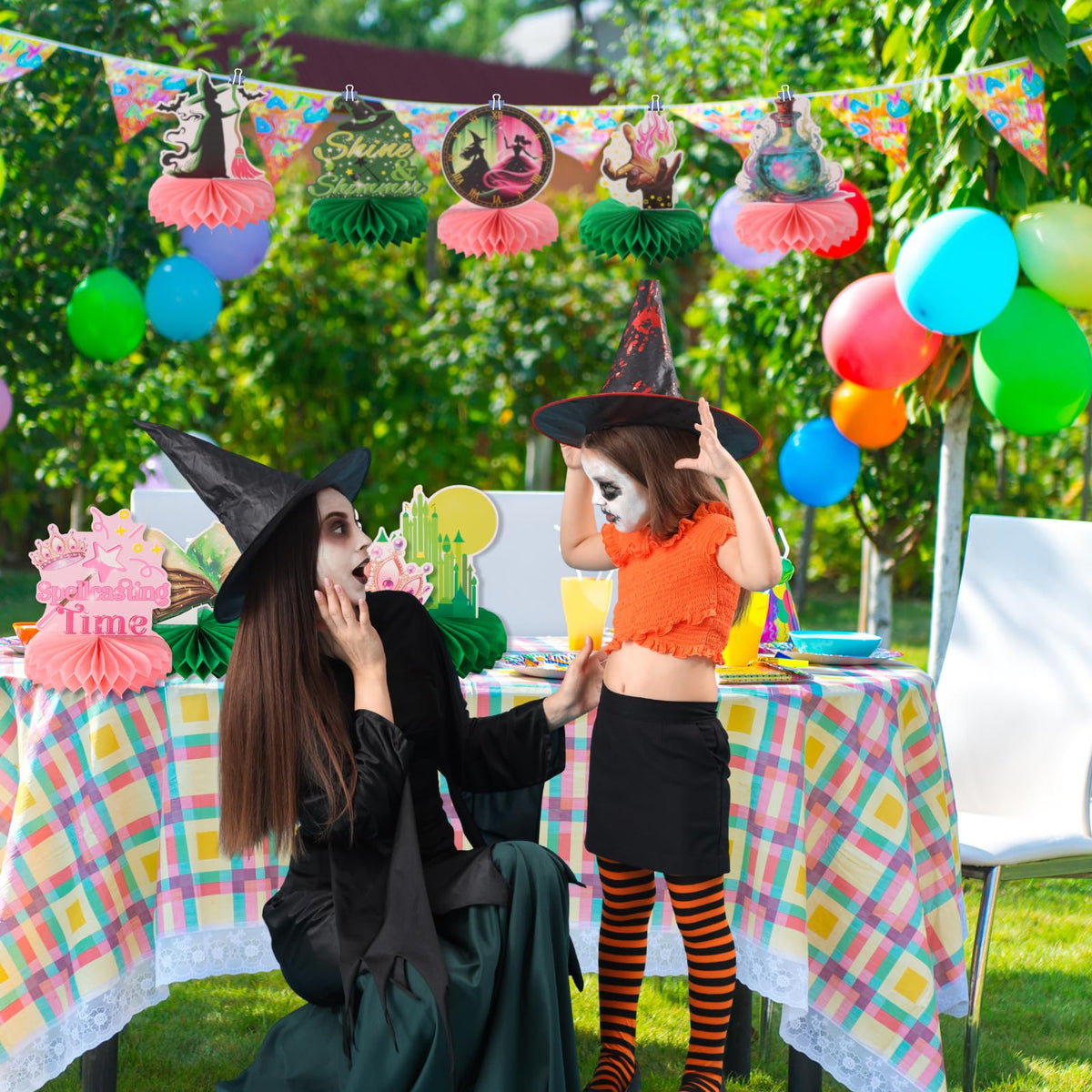 RANERVZ 9pcs Witch Table Centerpieces - Pink & Green Honeycomb Party Decor for Girl Birthday