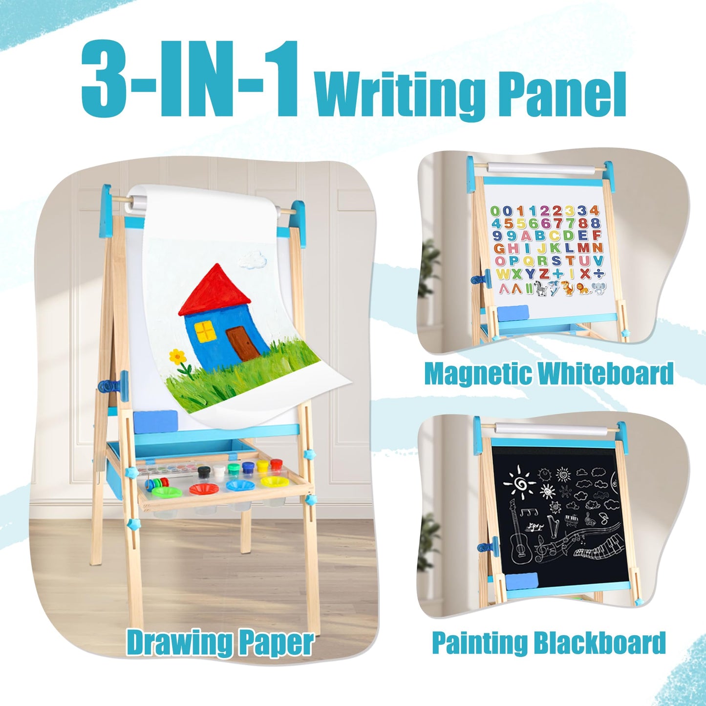 Ranqibo Wooden Adjustable Kids Easel — Magnetic Whiteboard & Blackboard, Paper Holder, 2 Paper Rolls, 109 Accessories