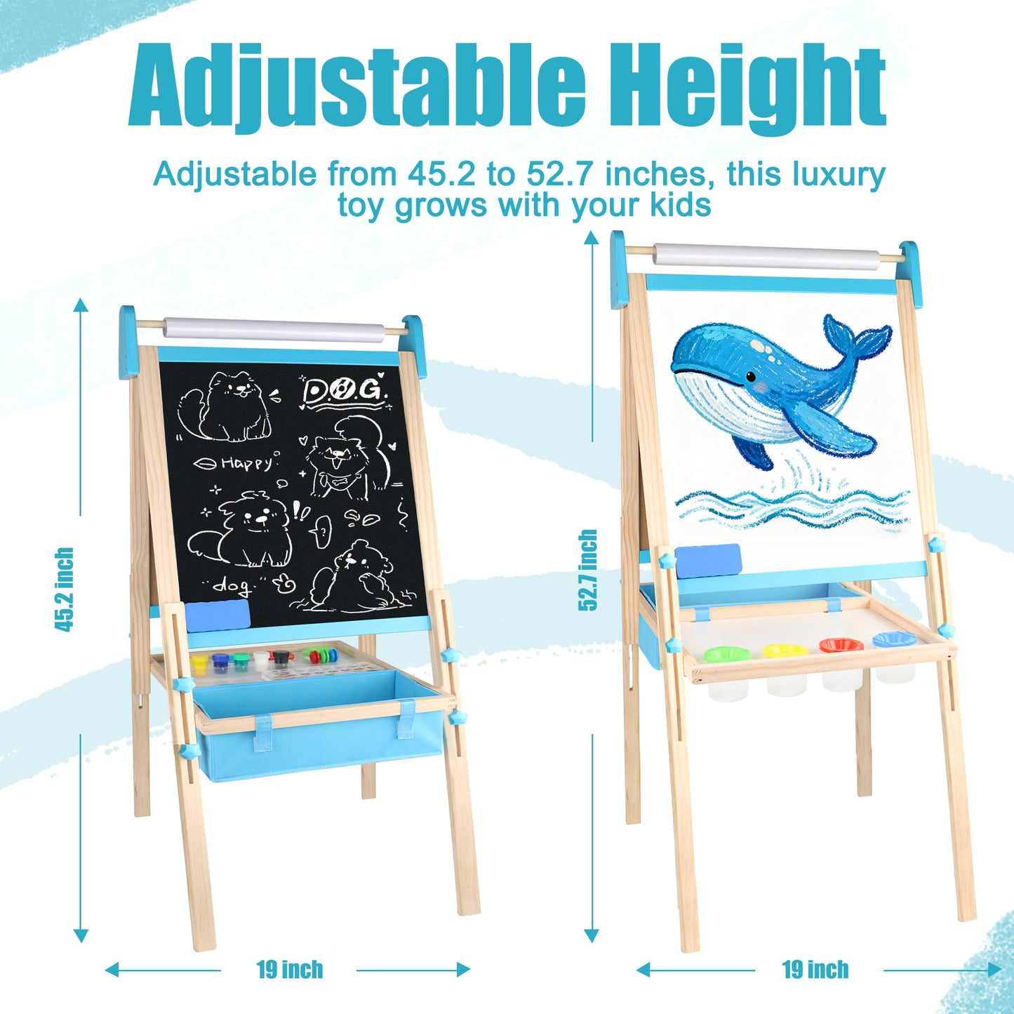 Ranqibo Wooden Adjustable Kids Easel — Magnetic Whiteboard & Blackboard, Paper Holder, 2 Paper Rolls, 109 Accessories