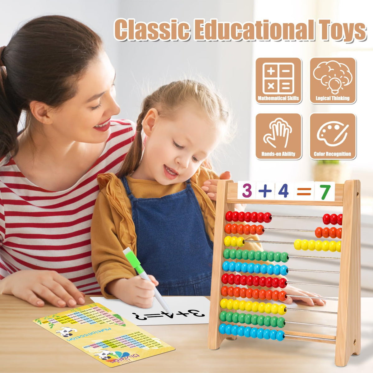 Ranqibo Wooden Abacus for Kids – 10-Row Counting Toy with Beads, Cards & Sticks, Ages 3-7
