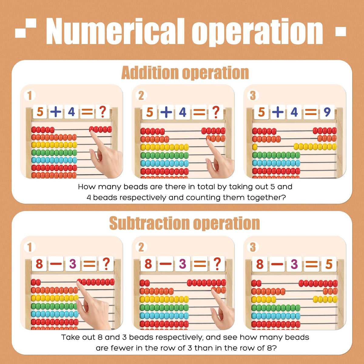 Ranqibo Wooden Abacus for Kids – 10-Row Counting Toy with Beads, Cards & Sticks, Ages 3-7