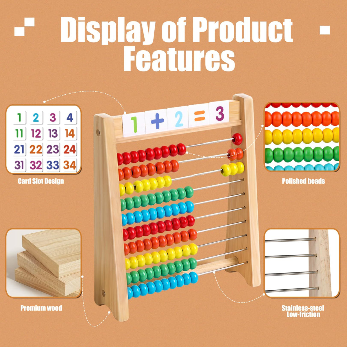Ranqibo Wooden Abacus for Kids – 10-Row Counting Toy with Beads, Cards & Sticks, Ages 3-7