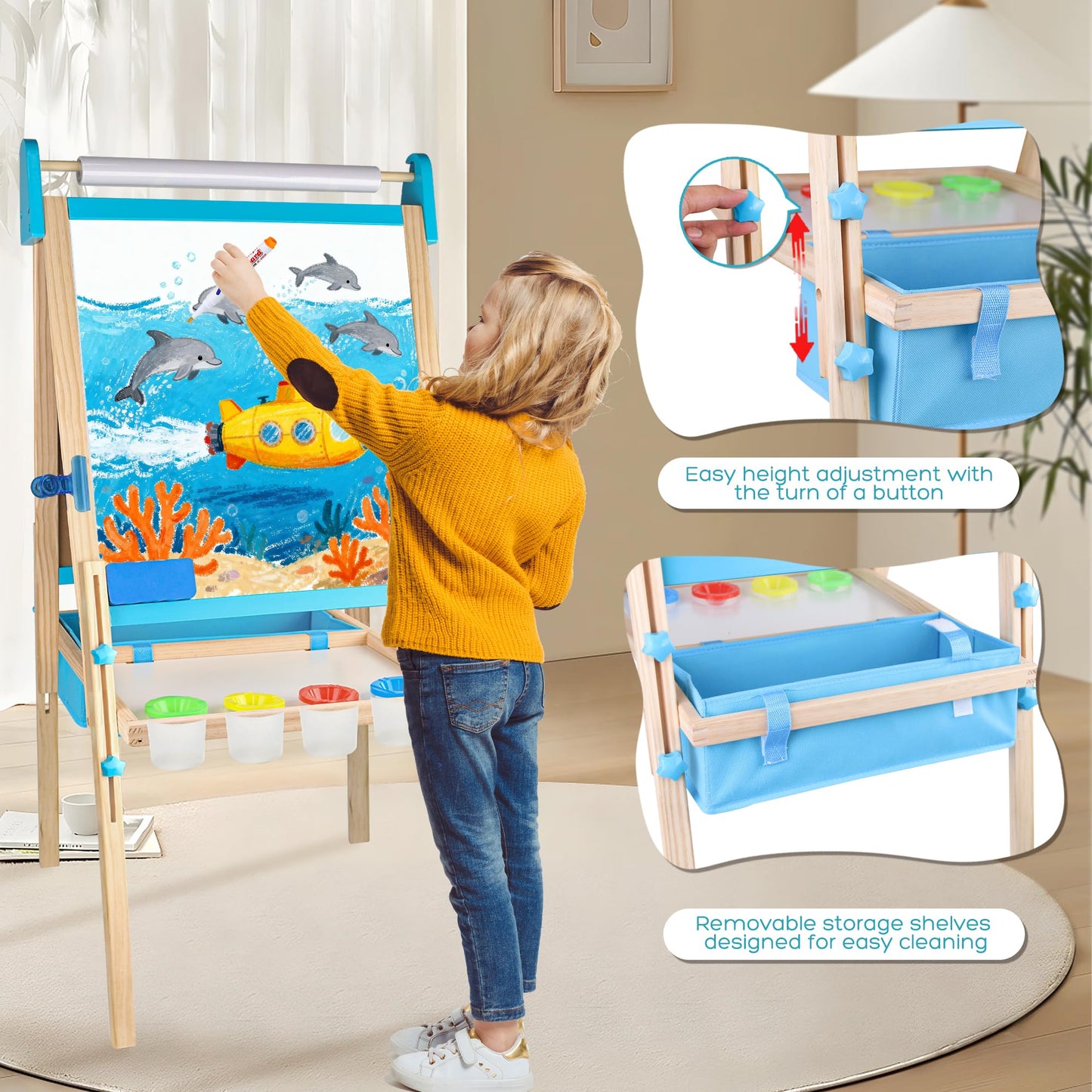 Ranqibo Wooden Adjustable Kids Easel — Magnetic Whiteboard & Blackboard, Paper Holder, 2 Paper Rolls, 109 Accessories