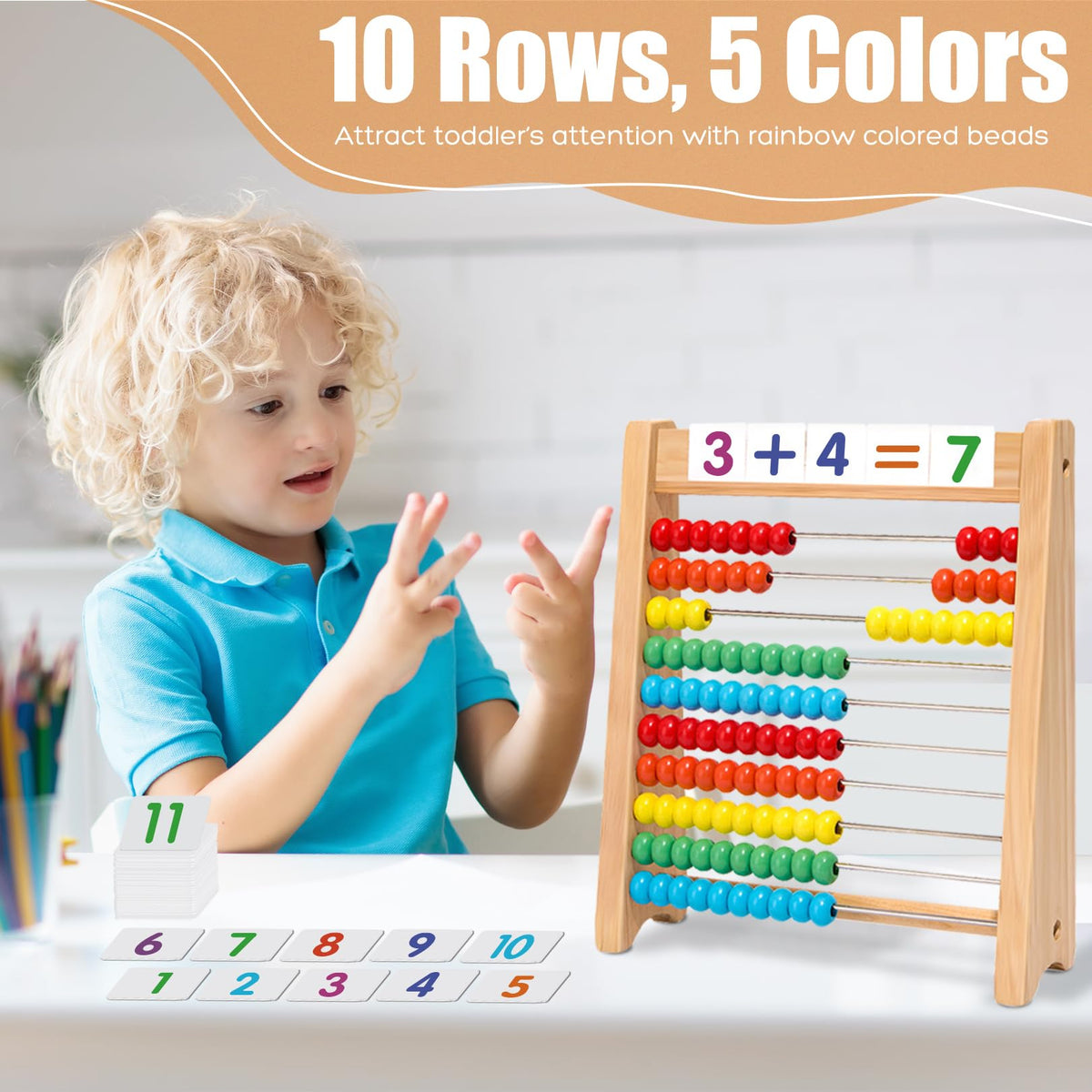 Ranqibo Wooden Abacus for Kids – 10-Row Counting Toy with Beads, Cards & Sticks, Ages 3-7