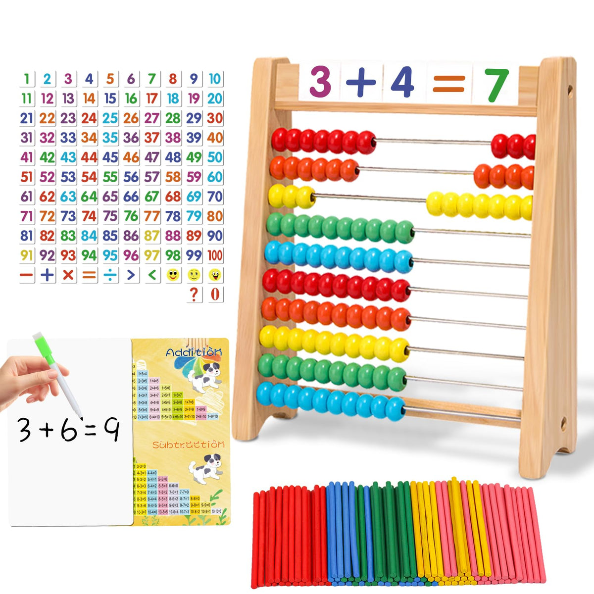 Ranqibo Wooden Abacus for Kids – 10-Row Counting Toy with Beads, Cards & Sticks, Ages 3-7