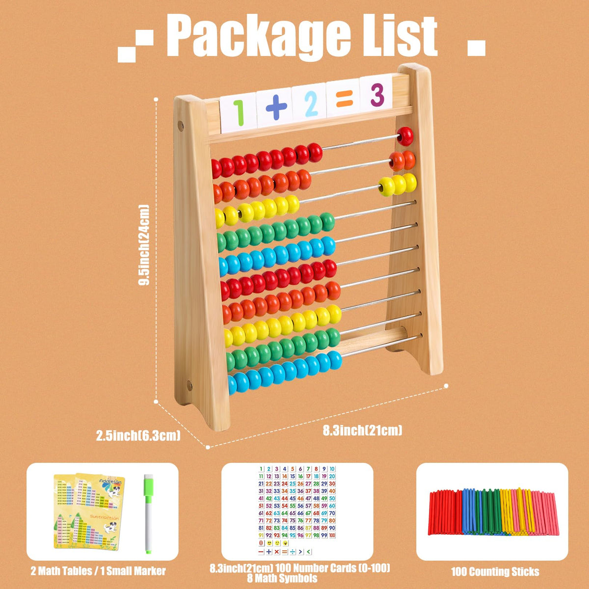 Ranqibo Wooden Abacus for Kids – 10-Row Counting Toy with Beads, Cards & Sticks, Ages 3-7