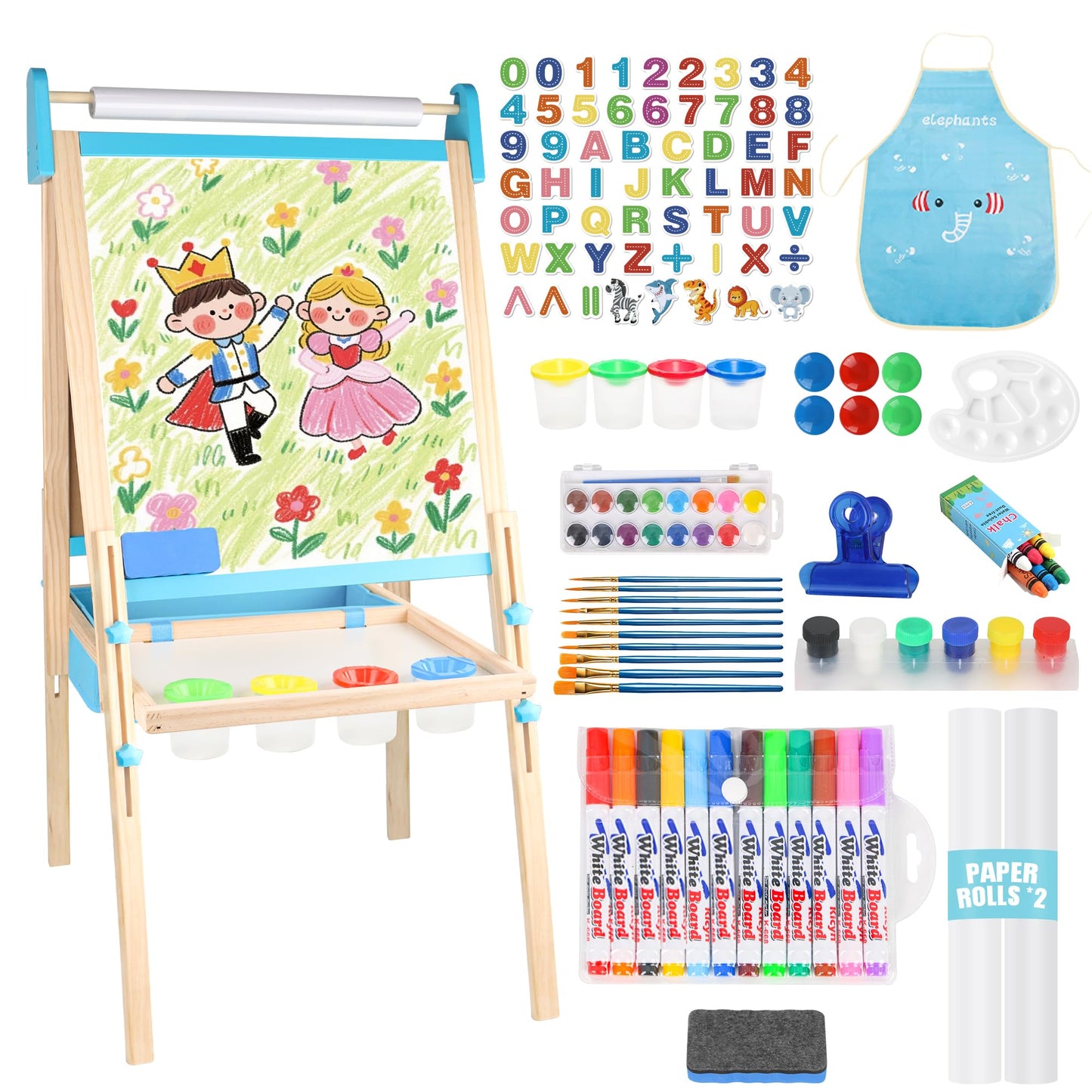 Ranqibo Wooden Adjustable Kids Easel — Magnetic Whiteboard & Blackboard, Paper Holder, 2 Paper Rolls, 109 Accessories