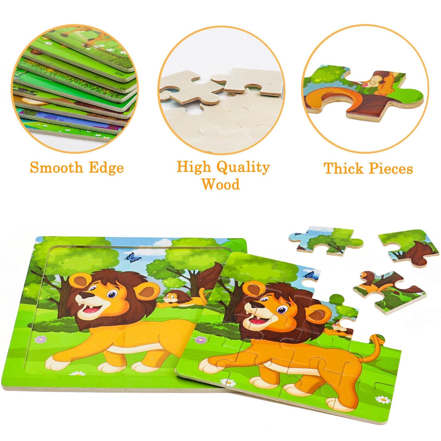 RANSUNN Wooden Animal Puzzles for Kids 3-5 - 16-Piece Colorful Puzzles (9-Pack)