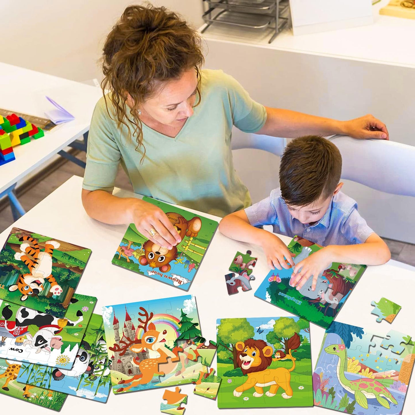 RANSUNN Wooden Animal Puzzles for Kids 3-5 - 16-Piece Colorful Puzzles (9-Pack)