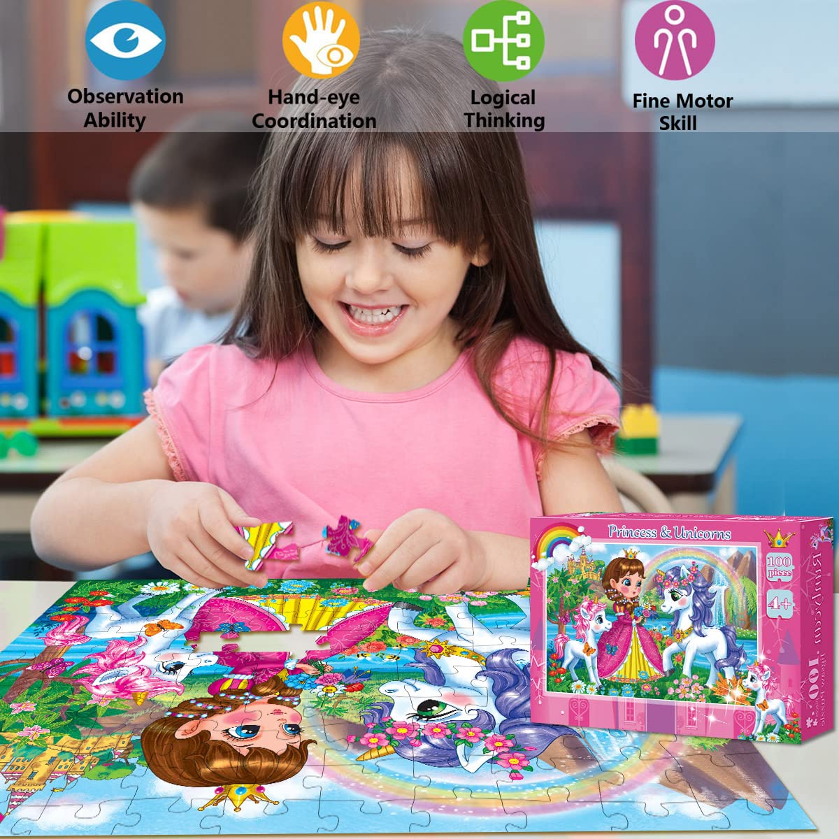 RANSUNN Princess & Unicorns 100-Piece Jigsaw Puzzle for Kids Aged 4-8 – Educational & Screen-Free Fun