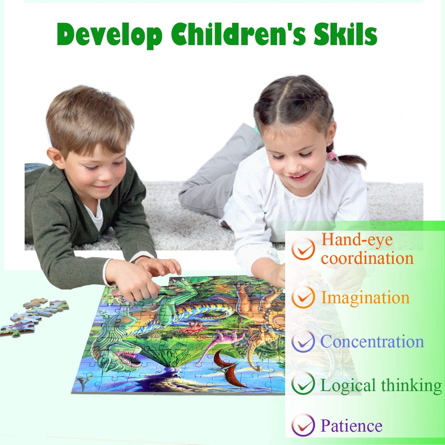 RANSUNN 100-Piece Dinosaur Jigsaw Puzzle for Kids 4-8 | Educational Toy, Every Piece Is Unique