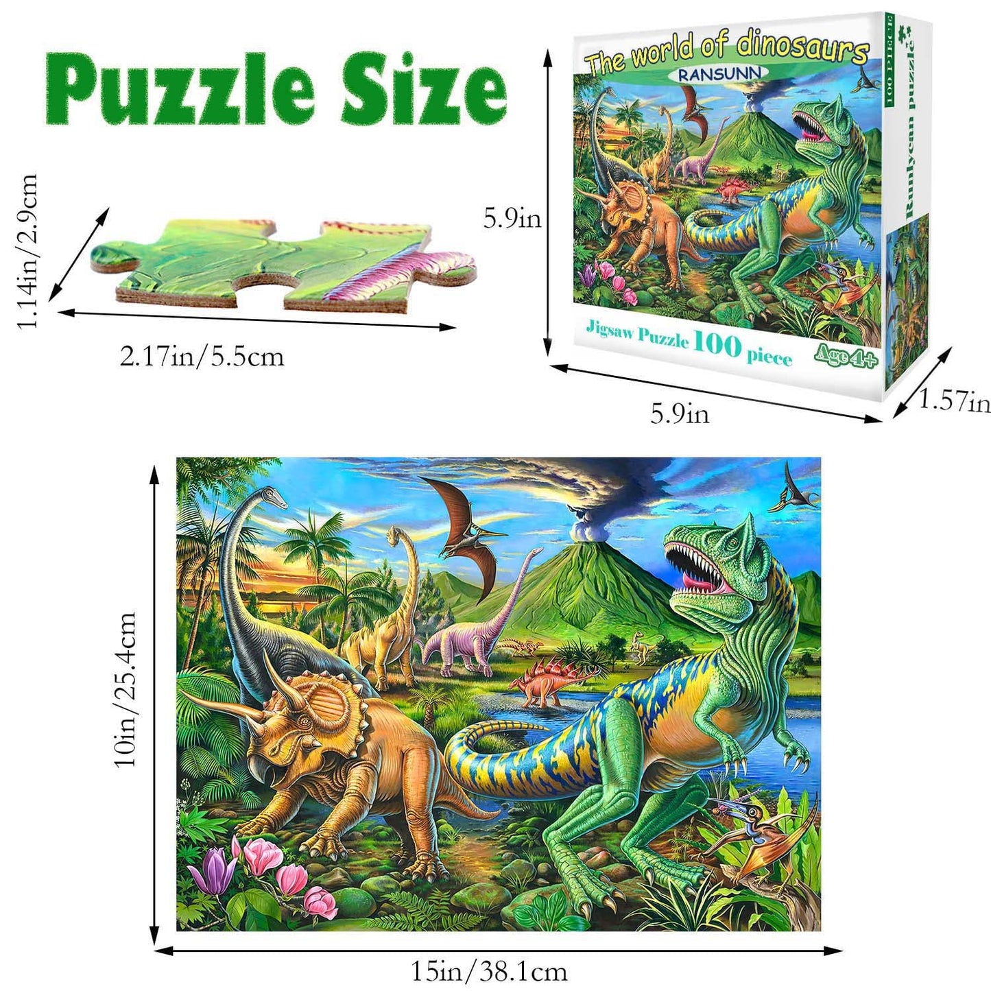 RANSUNN 100-Piece Dinosaur Jigsaw Puzzle for Kids 4-8 | Educational Toy, Every Piece Is Unique