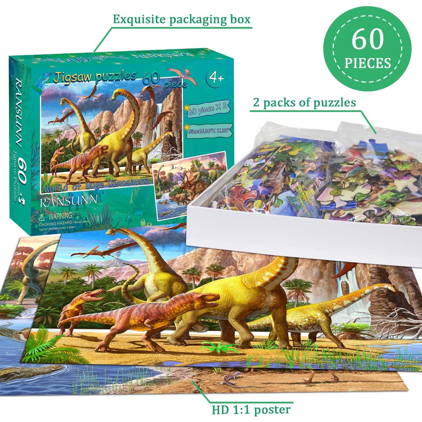 RANSUNN Dinosaur Puzzles for Kids 4-8 | 2-Pack 60-Piece Jigsaws – World of Huge Dinosaurs