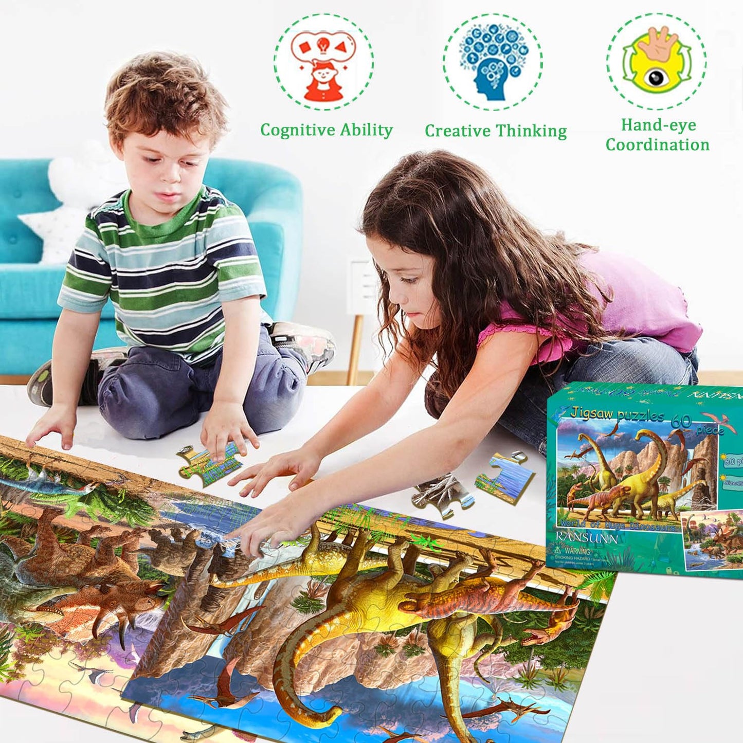 RANSUNN Dinosaur Puzzles for Kids 4-8 | 2-Pack 60-Piece Jigsaws – World of Huge Dinosaurs