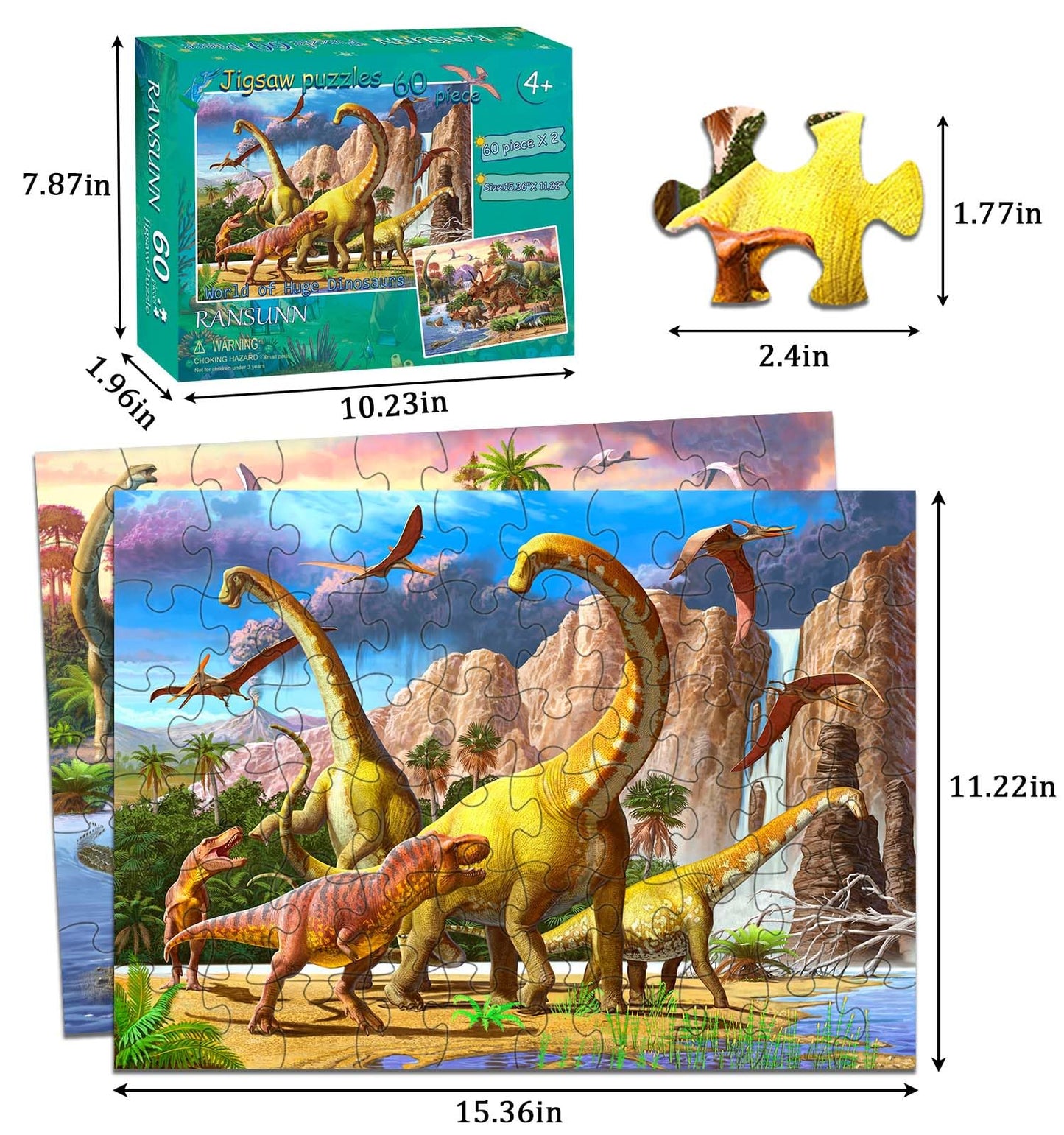 RANSUNN Dinosaur Puzzles for Kids 4-8 | 2-Pack 60-Piece Jigsaws – World of Huge Dinosaurs