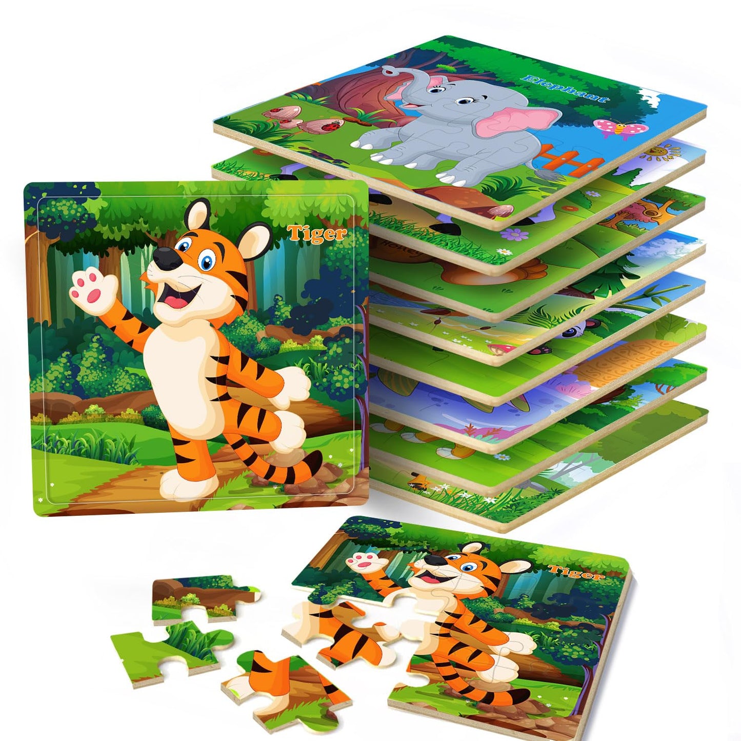 RANSUNN Wooden Animal Puzzles for Kids 3-5 - 16-Piece Colorful Puzzles (9-Pack)