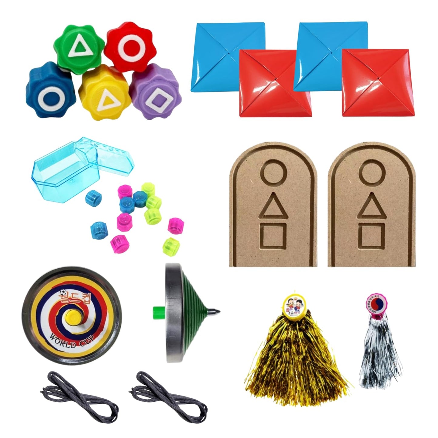 RaoNEE Korean Squid Traditional Play Game 5-Piece Set: Ddakji, Biseokchigi, Gong-gi, Paeng-y, Jegi