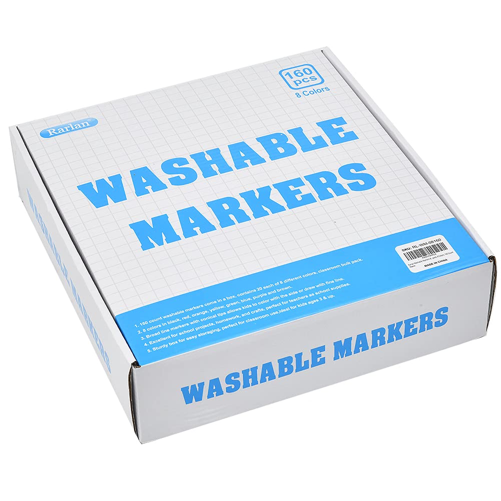 Rarlan Washable Markers Bulk – 160 Count, 8 Colors, Classroom Pack