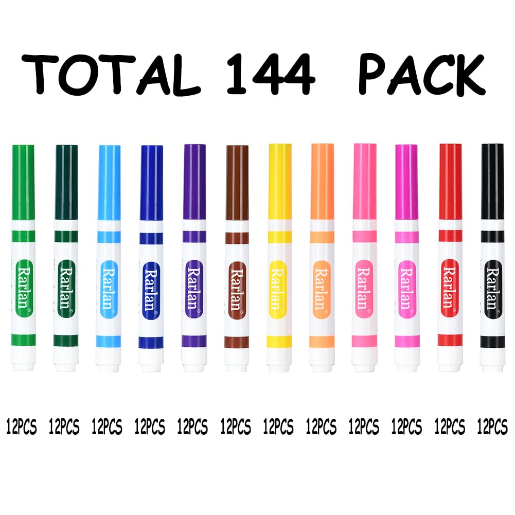 Rarlan Washable Markers Bulk — 144 Count, 12 Colors in 12 Boxes