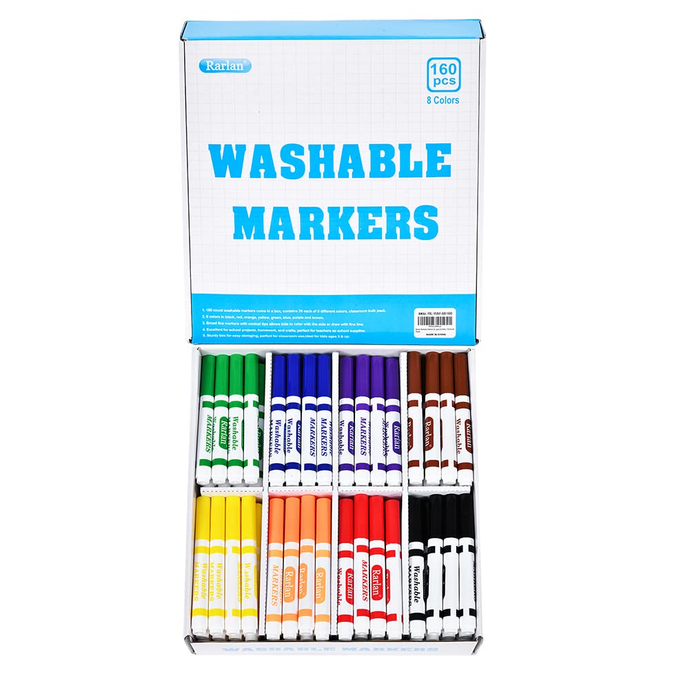 Rarlan Washable Markers Bulk – 160 Count, 8 Colors, Classroom Pack