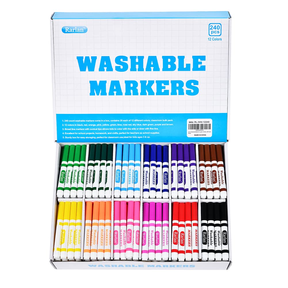 Rarlan Washable Markers Bulk Pack – 240 Count, 12 Colors for School & Crafts