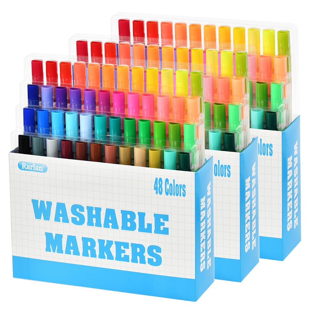 Rarlan Washable Markers Bulk – 144 Count, 48 Colors in 3 Boxes