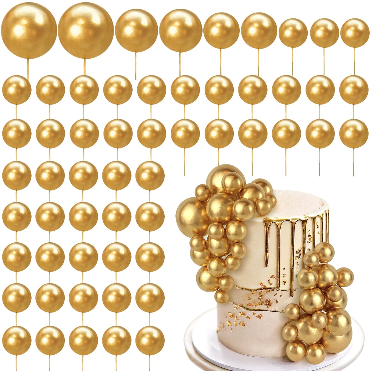 RASSLISA 56 PCS Gold Ball Cake Picks – 4 Sizes for Cakes, Cupcakes & Desserts