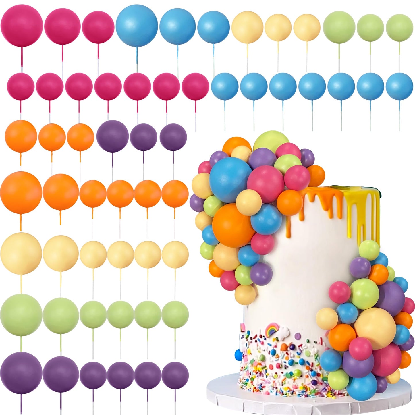 RASSLISA 56 Pcs Ball Cake Picks – Colorful Ball Topper Set in Six Colors, Four Sizes