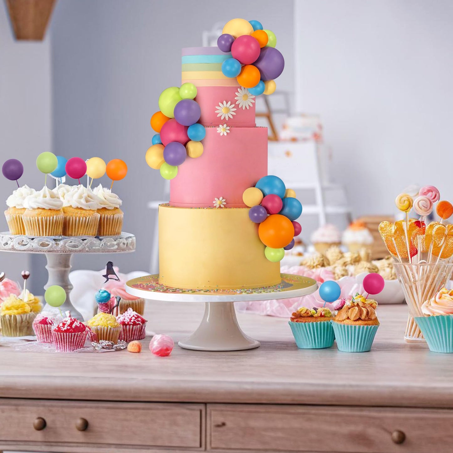 RASSLISA 56 Pcs Ball Cake Picks – Colorful Ball Topper Set in Six Colors, Four Sizes