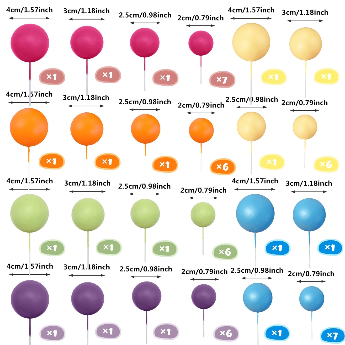 RASSLISA 56 Pcs Ball Cake Picks – Colorful Ball Topper Set in Six Colors, Four Sizes