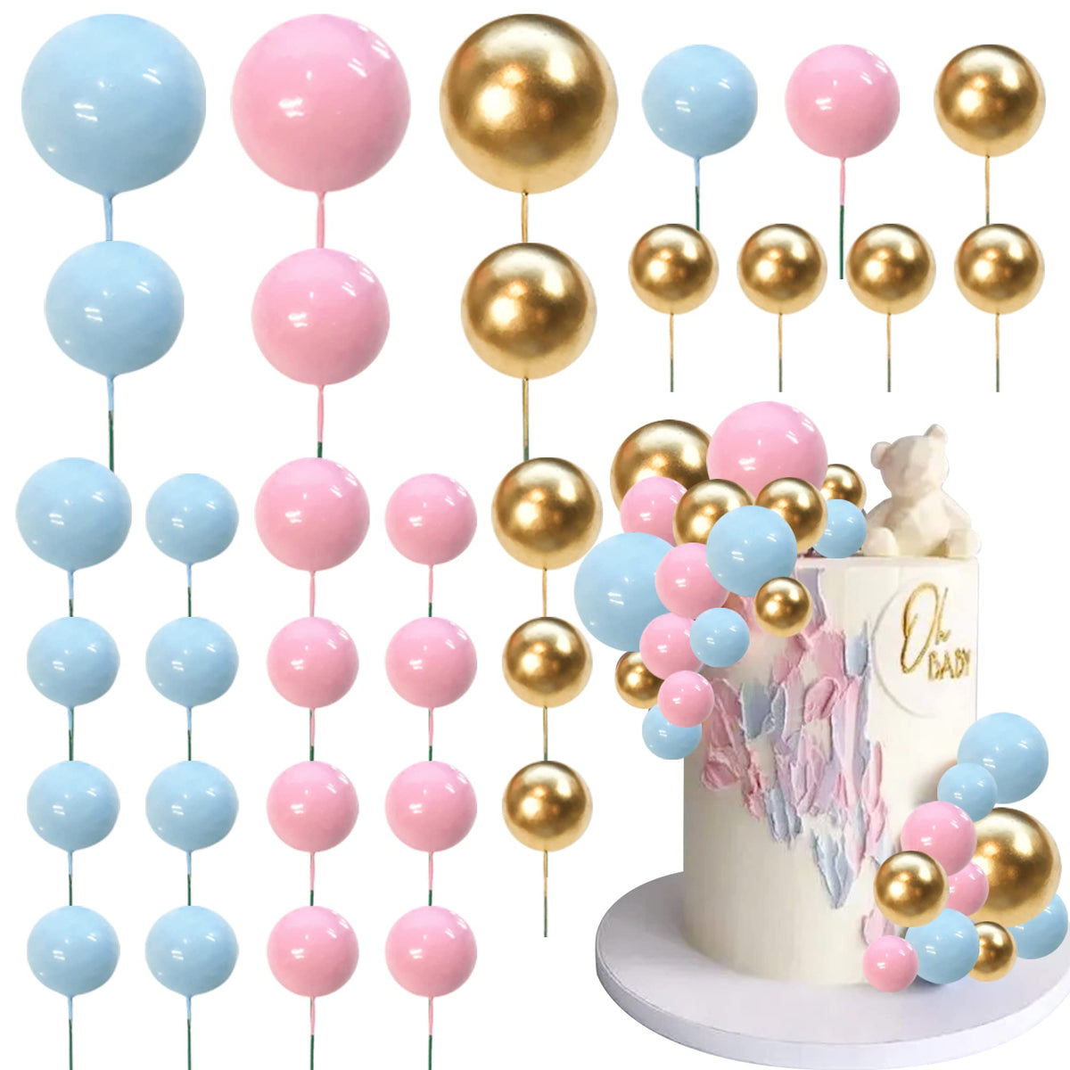 RASSLISA Ball Cake Toppers - Colorful Pearl Ball Picks (Gold Pink Blue) | 4 Sizes, 32-Pack