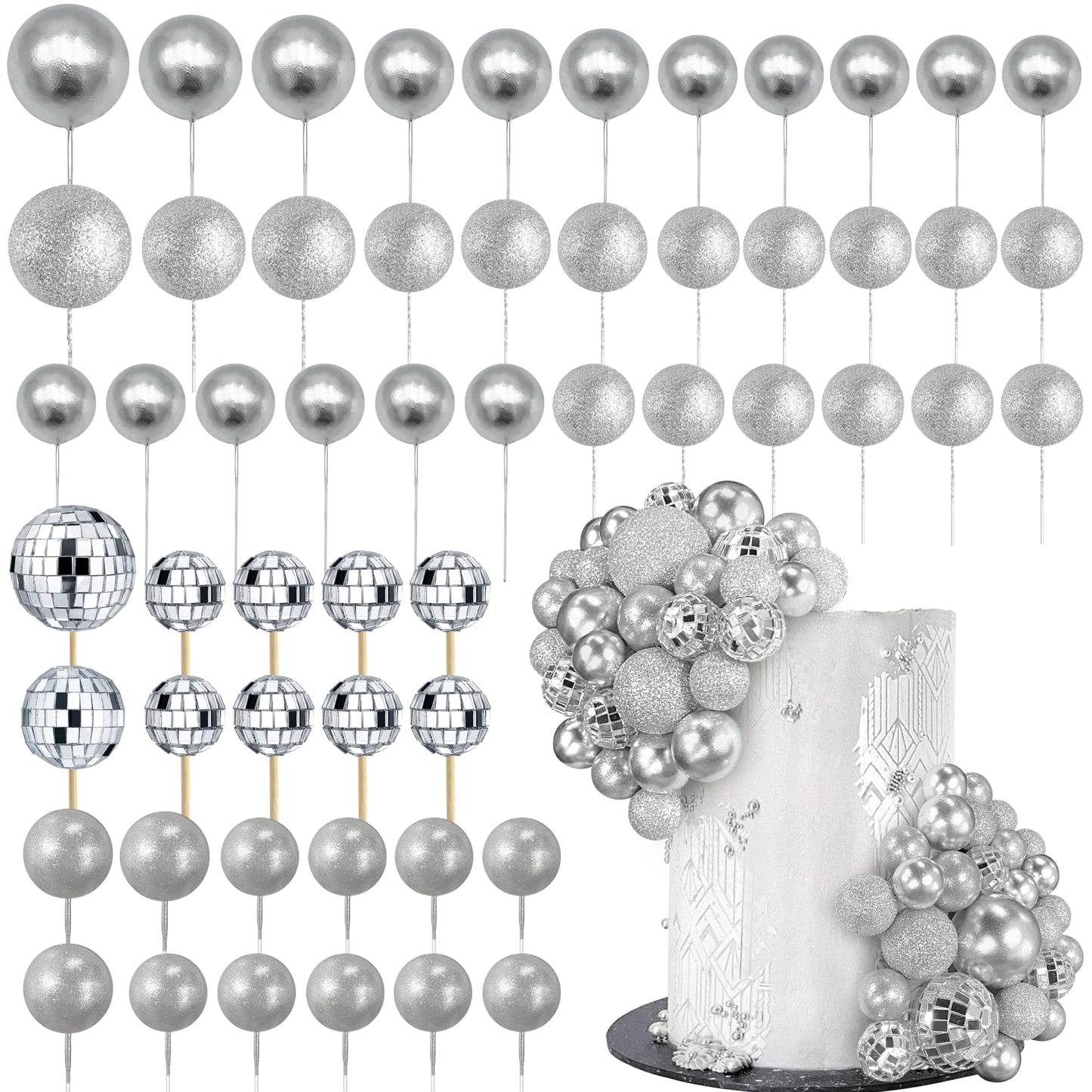 RASSLISA 56 PCS Ball Shaped Cake Toppers – Silver Pearl Ball Picks for Cakes & Desserts