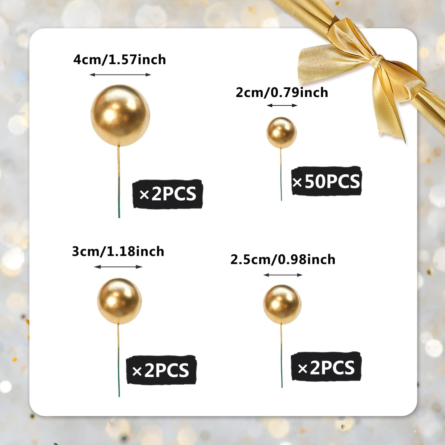 RASSLISA 56 PCS Gold Ball Cake Picks – 4 Sizes for Cakes, Cupcakes & Desserts