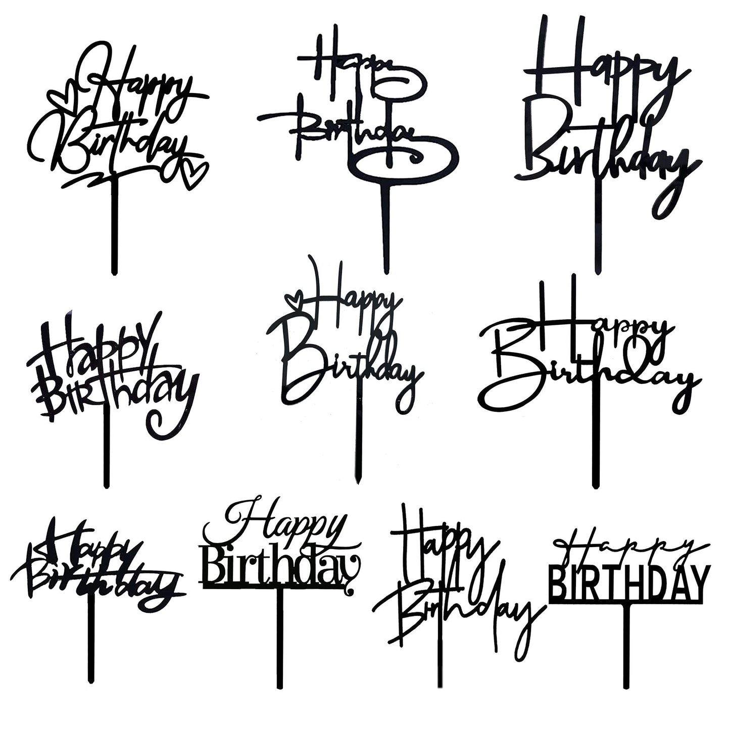 RASSLISA 10 Pcs Black Happy Birthday Cake Topper – Acrylic Cupcake Picks