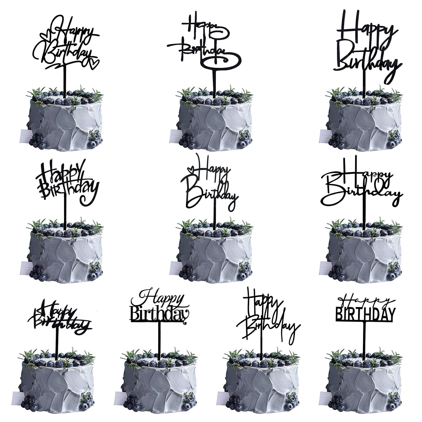 RASSLISA 10 Pcs Black Happy Birthday Cake Topper – Acrylic Cupcake Picks