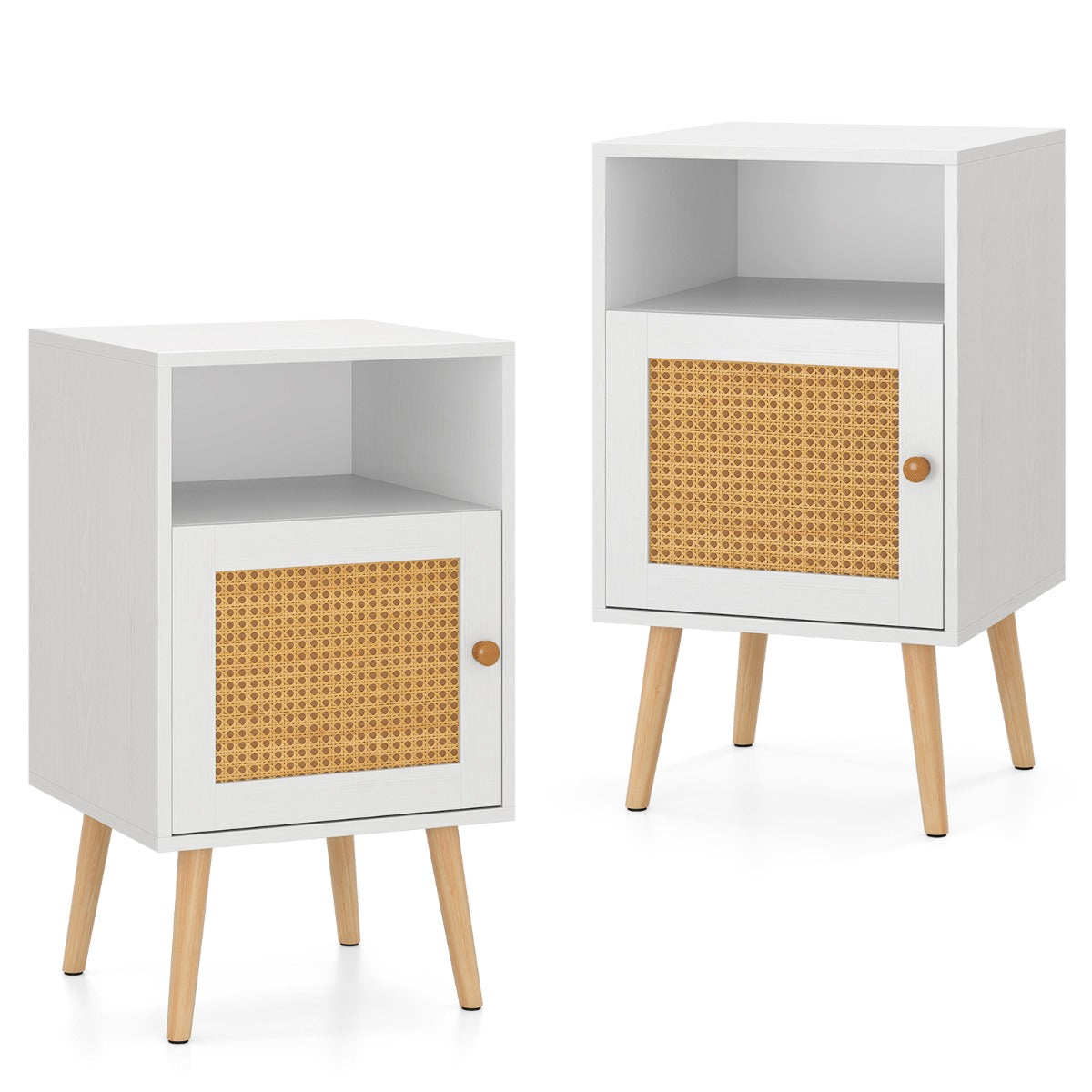 Rattan Nightstand with Storage and PE Rattan Decorated Door-White-1 Pack