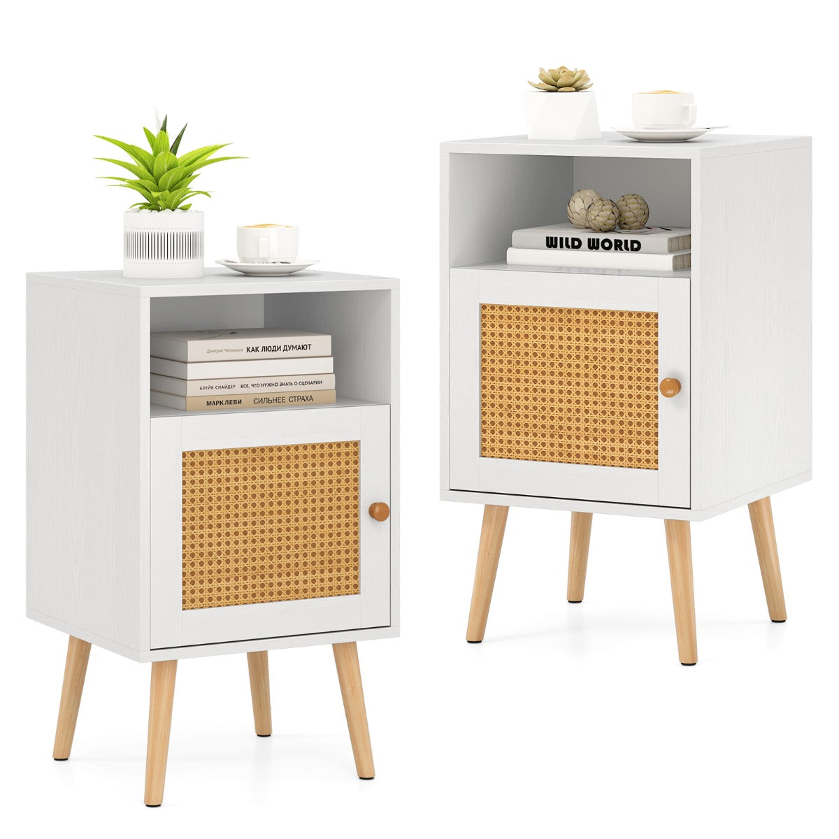 Rattan Nightstand with Storage and PE Rattan Decorated Door-White-1 Pack