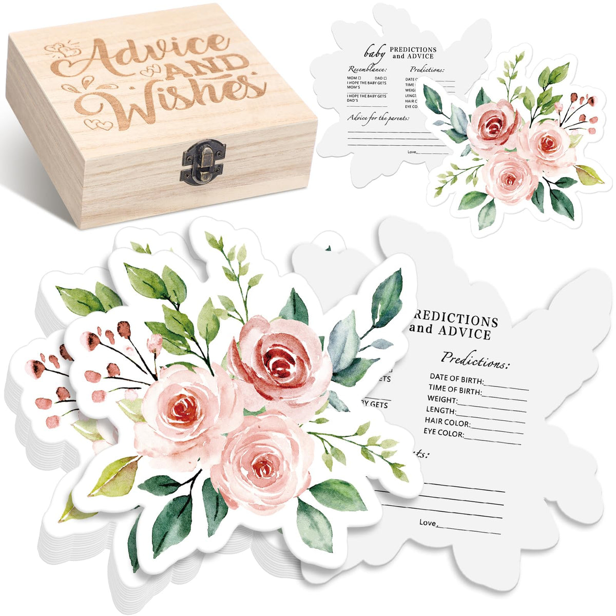 RattanView 50 Pcs Double-Side Baby Prediction & Advice Cards with Wooden Keepsake Box